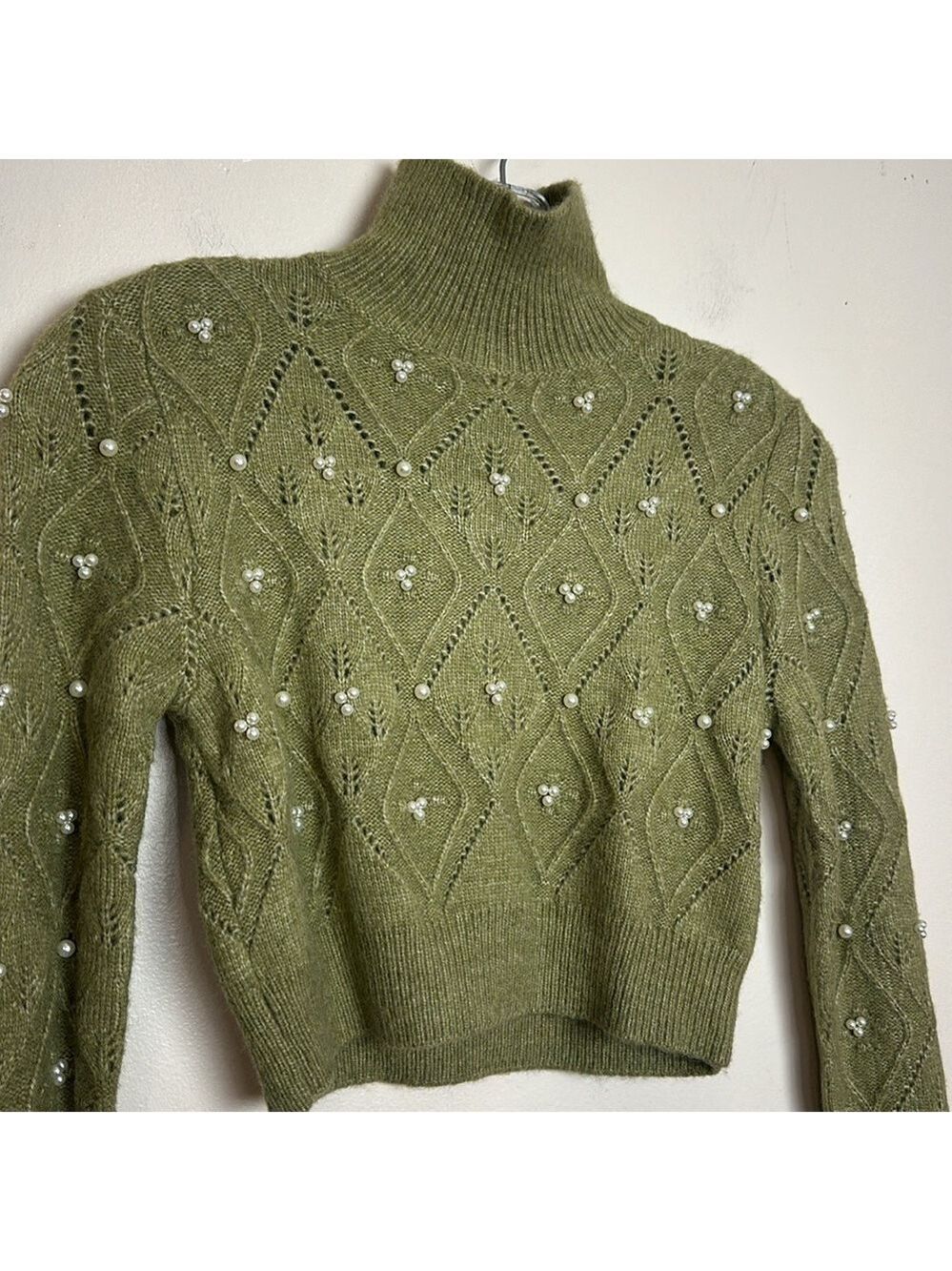 Zara Pearl Embellished Mock Turtle Neck Cropped Knit Sweater - Picture 7 of 11